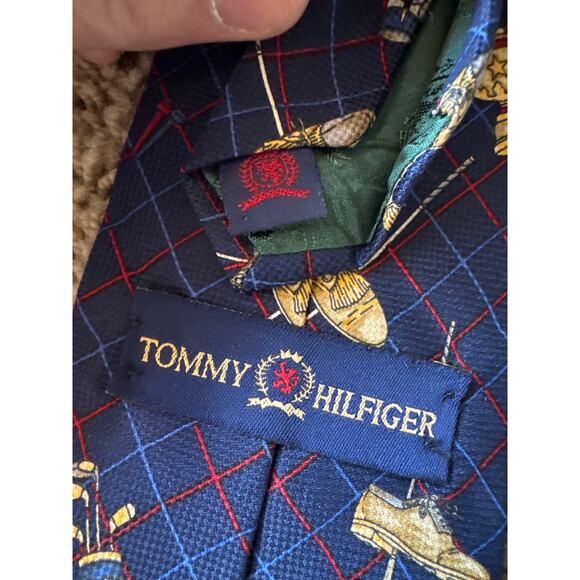 Vintage Tommy Hilfiger USA Made Silk Designer Tie Golf Print Navy Blue - Picture 3 of 4